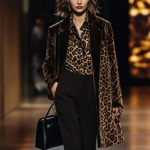 SOLD - Casual Loose Vintage Velvet Leopard Print Colorblock Lapel Coat